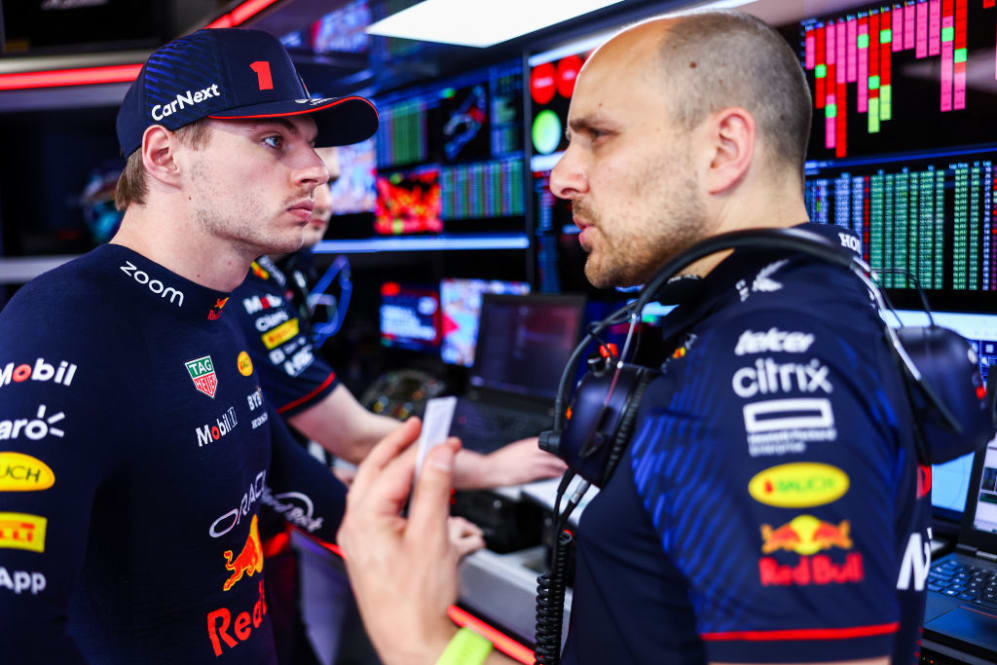 MIAMI, FLORIDA - MAY 06: Max Verstappen of the Netherlands and Oracle Red Bull Racing talks with