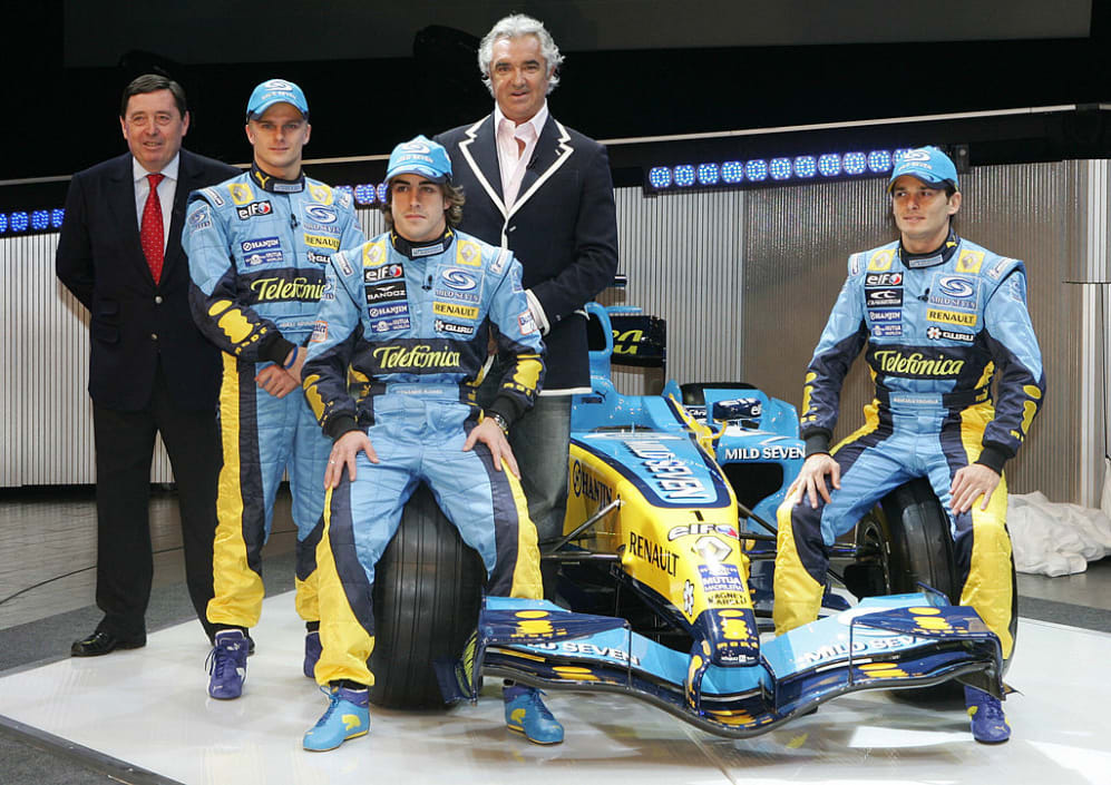 Monaco, MONACO:  Renault drivers Finland's Heikki Kovalainen (2nd L), Spain's Fernando Alonso (3rd