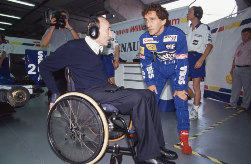 Frank Williams et Alain Prost lors du Grand Prix automobile de France, le 4 juillet 1993, sur le