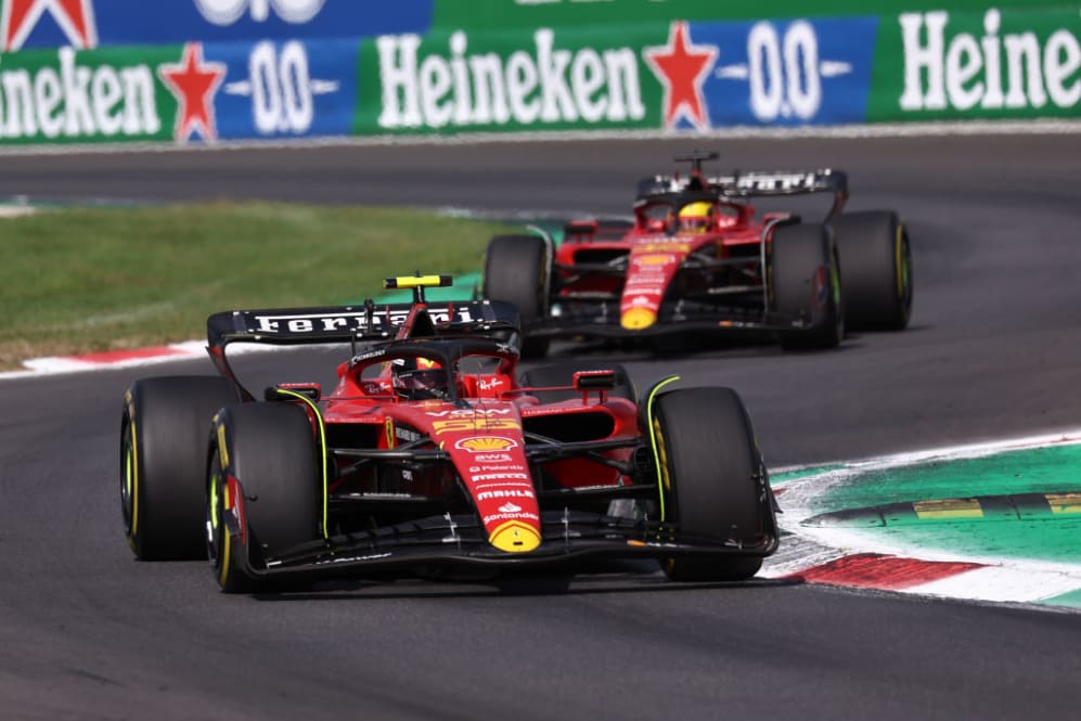 AUTODROMO NAZIONALE, MONZA, ITALY - 2023/09/03: Carlos Sainz of Scuderia Ferrari  leads  Charles