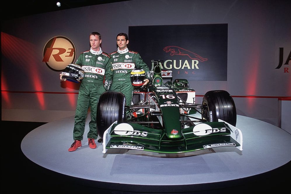 4 Jan 2002:  Eddie Irvine (left) and Pedro De La Rosa with the Jaguar R3 Formula One Grand Prix Car