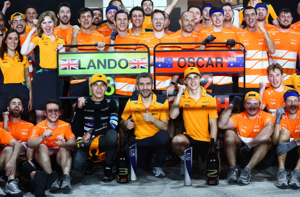 LUSAIL CITY, QATAR - OCTOBER 08: Second placed Oscar Piastri of Australia and McLaren and Third