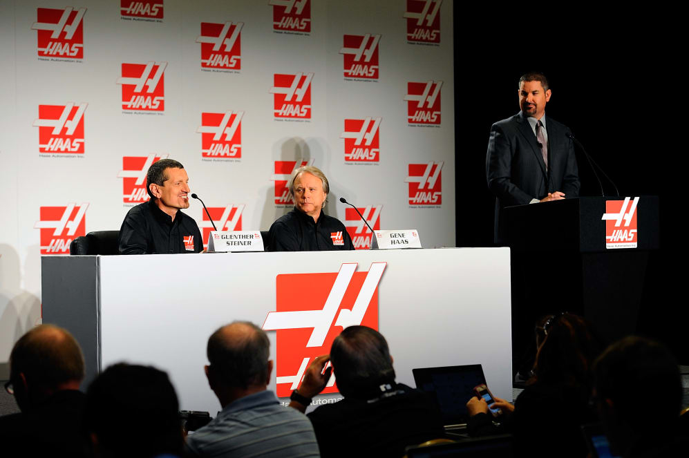 CONCORD, NC - APRIL 14:  (L-R) Guenther Steiner, team principal of Haas Formula, Gene Haas,