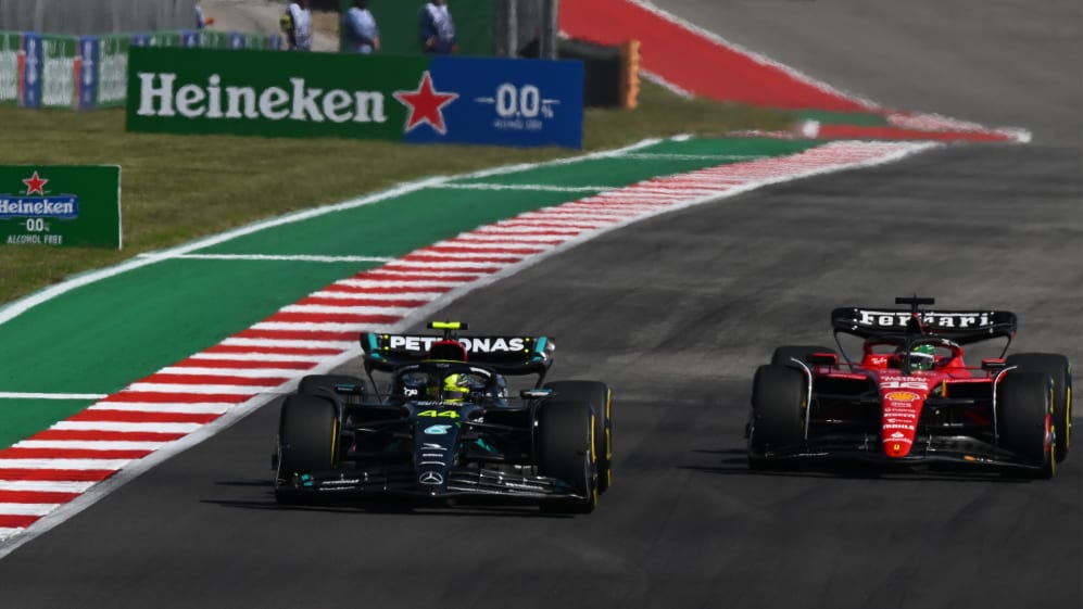 Lewis Hamilton and Charles Leclerc racing during the United States Grand Prix in Austin, Texas.