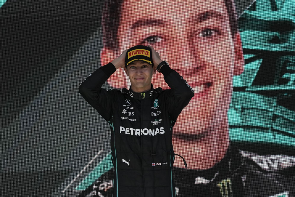 SAO PAULO, BRAZIL - NOVEMBER 13: Driver George Russell of Mercedes, celebrates the first place of