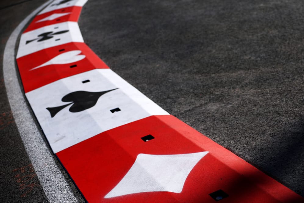 LAS VEGAS, NEVADA - NOVEMBER 09: A detail view of the kerbs at turn one displaying the four playing