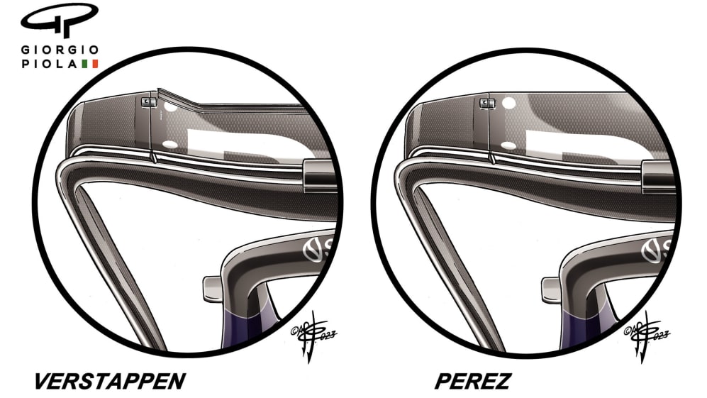 The lower downforce Red Bull wing on the left was used by Verstappen in qualifying and the race, with Perez on the higher downforce version with greater flap area. They had swapped around from the day before.