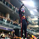 ABU DHABI, UNITED ARAB EMIRATES - DECEMBER 06: Pole position qualifier Max Verstappen of the Netherlands and Oracle Red Bull Racing celebrates in parc ferme during qualifying ahead of the F1 Grand Prix of Abu Dhabi at Yas Marina Circuit on December 06, 2025 in Abu Dhabi, United Arab Emirates. (Photo by Bryn Lennon - Formula 1/Formula 1 via Getty Images)