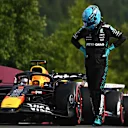 SPA, BELGIUM - JULY 26: Sixth placed qualifier George Russell of Great Britain and Mercedes AMG Petronas F1 Team looks on in parc ferme during qualifying ahead of the F1 Grand Prix of Belgium at Circuit de Spa-Francorchamps on July 26, 2025 in Spa, Belgium. (Photo by Rudy Carezzevoli/Getty Images)