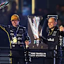 LAS VEGAS, NEVADA - NOVEMBER 22: Race winner Max Verstappen of the Netherlands and Oracle Red Bull Racing and Gianpiero Lambiase, Head of Racing of Oracle Red Bull Racing leave the podium with the trophies during the F1 Grand Prix of Las Vegas at Las Vegas Strip Circuit on November 22, 2025 in Las Vegas, Nevada. (Photo by Meg Oliphant/Getty Images)