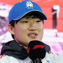 RB's Japanese driver Yuki Tsunoda speaks during a talk session as part of the 2024 FIA Formula One