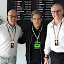 Derek Chang, President and CEO of Liberty Media Corporation and Stefano Domenicali, CEO of F1, pose with Ben Stiller in Canada