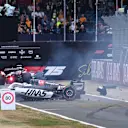 NORTHAMPTON, ENGLAND - JULY 05: Oliver Bearman of Great Britain driving the (87) Haas F1 VF-25 Ferrari crashes during final practice ahead of the F1 Grand Prix of Great Britain at Silverstone Circuit on July 05, 2025 in Northampton, England. (Photo by Sam Bagnall/Sutton Images)