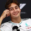 ABU DHABI, UNITED ARAB EMIRATES - DECEMBER 04: George Russell of Great Britain and Mercedes AMG Petronas F1 Team looks on in the Drivers Press Conference during previews ahead of the F1 Grand Prix of Abu Dhabi at Yas Marina Circuit on December 04, 2025 in Abu Dhabi, United Arab Emirates. (Photo by Clive Rose/Getty Images)