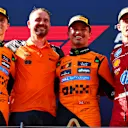 SPIELBERG, AUSTRIA - JUNE 29: Race winner Lando Norris of Great Britain and McLaren Second placed Oscar Piastri of Australia and McLaren Third placed Charles Leclerc of Monaco and Scuderia Ferrari and Neil Houldley, Technical Director of Engineering at McLaren on the podium during the F1 Grand Prix of Austria at Red Bull Ring on June 29, 2025 in Spielberg, Austria. (Photo by Joe Portlock/Getty Images)