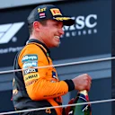 SPIELBERG, AUSTRIA - JUNE 29: Race winner Lando Norris of Great Britain and McLaren celebrates on the podium during the F1 Grand Prix of Austria at Red Bull Ring on June 29, 2025 in Spielberg, Austria. (Photo by Joe Portlock/Getty Images)