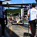 SPIELBERG, AUSTRIA - JUNE 28: Isack Hadjar of France driving the (6) Visa Cash App Racing Bulls VCARB 02 makes a pitstop during qualifying ahead of the F1 Grand Prix of Austria at Red Bull Ring on June 28, 2025 in Spielberg, Austria. (Photo by Rudy Carezzevoli/Getty Images)