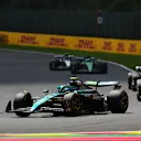 SPA, BELGIUM - JULY 26: Fernando Alonso of Spain driving the (14) Aston Martin F1 Team AMR25 Mercedes leads Alexander Albon of Thailand driving the (23) Williams FW47 Mercedes and Lewis Hamilton of Great Britain driving the (44) Scuderia Ferrari SF-25 on track during the Sprint ahead of the F1 Grand Prix of Belgium at Circuit de Spa-Francorchamps on July 26, 2025 in Spa, Belgium. (Photo by Alex Bierens de Haan/Getty Images)