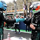 SAO PAULO, BRAZIL - NOVEMBER 08: Second placed Andrea Kimi Antonelli of Italy and Mercedes AMG Petronas F1 Team and Third placed George Russell of Great Britain and Mercedes AMG Petronas F1 Team congratulate each other in parc ferme during the Sprint ahead of the F1 Grand Prix of Brazil at Autodromo Jose Carlos Pace on November 08, 2025 in Sao Paulo, Brazil. (Photo by Mark Sutton - Formula 1/Formula 1 via Getty Images)