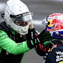 NORTHAMPTON, ENGLAND - JULY 06: Third placed Nico Hulkenberg of Germany and Stake F1 Team Kick Sauber is congratulated by Max Verstappen of the Netherlands and Oracle Red Bull Racing  during the F1 Grand Prix of Great Britain at Silverstone Circuit on July 06, 2025 in Northampton, England. (Photo by Clive Rose/Getty Images)