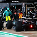 NORTHAMPTON, ENGLAND - JULY 06: George Russell of Great Britain driving the (63) Mercedes AMG Petronas F1 Team W16 makes a pitstop during the F1 Grand Prix of Great Britain at Silverstone Circuit on July 06, 2025 in Northampton, England. (Photo by Mark Thompson/Getty Images)