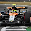 NORTHAMPTON, ENGLAND - JULY 05: Sparks fly behind Lando Norris of Great Britain driving the (4) McLaren MCL39 Mercedes on track during qualifying ahead of the F1 Grand Prix of Great Britain at Silverstone Circuit on July 05, 2025 in Northampton, England. (Photo by Clive Mason/Getty Images)