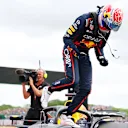 NORTHAMPTON, ENGLAND - JULY 05: Pole position qualifier Max Verstappen of the Netherlands and Oracle Red Bull Racing celebrates on arrival in parc ferme during qualifying ahead of the F1 Grand Prix of Great Britain at Silverstone Circuit on July 05, 2025 in Northampton, England. (Photo by Bryn Lennon - Formula 1/Formula 1 via Getty Images)