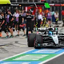 BUDAPEST, HUNGARY - AUGUST 01: George Russell of Great Britain driving the (63) Mercedes AMG Petronas F1 Team W16 in the Pitlane during practice ahead of the F1 Grand Prix of Hungary at Hungaroring on August 01, 2025 in Budapest, Hungary. (Photo by Rudy Carezzevoli/Getty Images)