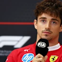 BUDAPEST, HUNGARY - JULY 31: Charles Leclerc of Monaco and Scuderia Ferrari speaks in the Drivers Press Conference during previews ahead of the F1 Grand Prix of Hungary at Hungaroring on July 31, 2025 in Budapest, Hungary. (Photo by Clive Rose/Getty Images)