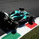 MONZA, ITALY - SEPTEMBER 05: Lance Stroll of Canada driving the (18) Aston Martin F1 Team AMR25 Mercedes on track during practice ahead of the F1 Grand Prix of Italy at Autodromo Nazionale Monza on September 05, 2025 in Monza, Italy. (Photo by Clive Rose/Getty Images)