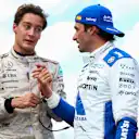 AUSTIN, TEXAS - OCTOBER 18: Second placed George Russell of Great Britain and Mercedes AMG Petronas F1 Team and Third placed Carlos Sainz of Spain and Williams talk in parc ferme during the Sprint ahead of the F1 Grand Prix of United States at Circuit of The Americas on October 18, 2025 in Austin, Texas. (Photo by Bryn Lennon - Formula 1/Formula 1 via Getty Images)