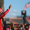 AUSTIN, TEXAS - OCTOBER 18: Third placed qualifier Charles Leclerc of Monaco and Scuderia Ferrari waves in parc ferme during Qualifying ahead of the F1 Grand Prix of United States at Circuit of The Americas on October 18, 2025 in Austin, Texas. (Photo by Bryn Lennon - Formula 1/Formula 1 via Getty Images)