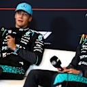 MONTREAL, QUEBEC - MAY 23: Sprint winner George Russell of Great Britain and Mercedes AMG Petronas F1 Team and Third placed Andrea Kimi Antonelli of Italy and Mercedes AMG Petronas F1 Team in the Drivers Press Conference during the Sprint ahead of the F1 Grand Prix of Canada at Circuit Gilles-Villeneuve on May 23, 2026 in Montreal, Quebec. (Photo by Bryn Lennon/Getty Images)