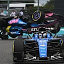 MIAMI, FLORIDA - MAY 03: Alexander Albon of Thailand driving the (23) Williams FW48 Mercedes leads as Pierre Gasly of France driving the (10) Alpine F1 A526 Mercedes crashes during the F1 Grand Prix of Miami at Miami International Autodrome on May 03, 2026 in Miami, Florida. (Photo by Rudy Carezzevoli/Getty Images)