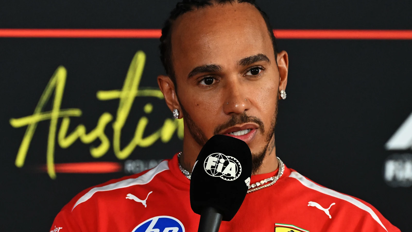Lewis Hamilton speaking to media in Austin