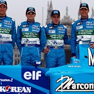 L to R: Giancarlo Fisichella(ITA) and Jenson Button(GBR) and test drivers Fernando Alonso(ESP) and