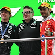 Winner Mercedes' Italian driver Kimi Antonelli (L) and third-placed Ferrari's British driver Lewis