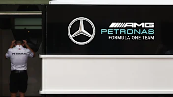 Mercedes team logo is seen in the paddock before the Formula 1 Abu Dhabi Grand Prix at Yas Marina