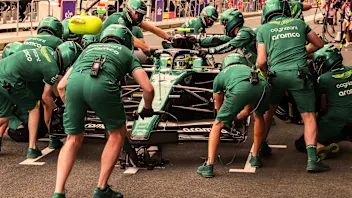 Aston Martin's Spanish driver Fernando Alonso pits during the third practice session ahead of the