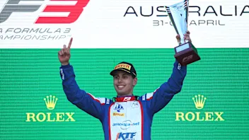 MELBOURNE, AUSTRALIA - APRIL 02: Race winner Gabriel Bortoleto of Brazil and Trident (5) celebrates