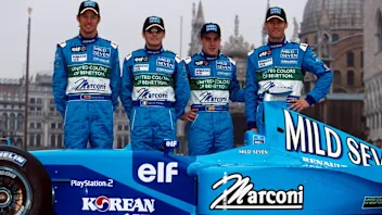 L to R: Giancarlo Fisichella(ITA) and Jenson Button(GBR) and test drivers Fernando Alonso(ESP) and