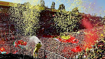 MONZA, ITALY - SEPTEMBER 11: Second placed Charles Leclerc of Monaco and Ferrari celebrates on the