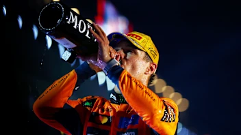LAS VEGAS, NEVADA - NOVEMBER 22: Second placed Lando Norris of Great Britain and McLaren drinks