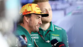 BARCELONA, SPAIN - JUNE 01: Fernando Alonso of Spain and Aston Martin F1 Team talks to the media in