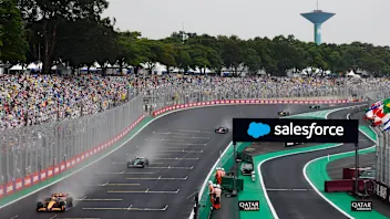 SAO PAULO, BRAZIL - NOVEMBER 03: Oscar Piastri, McLaren MCL38, leads Fernando Alonso, Aston Martin