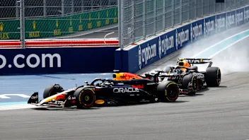 MIAMI GARDENS, FL - MAY 05: Oracle Red Bull Racing driver Sergio Perez #11 of Mexico locks his