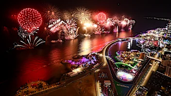 JEDDAH, SAUDI ARABIA - MARCH 09: Fireworks go off over the circuit at the end of the race during