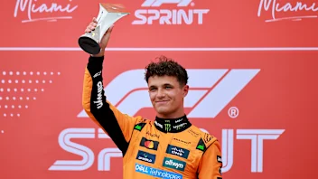 MIAMI, FLORIDA - MAY 03: Sprint winner Lando Norris of Great Britain and McLaren arrives in parc