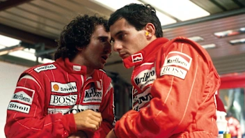 SPA, BELGIUM - AUGUST 28:   (L to R): Second placed Alain Prost of France with his McLaren team