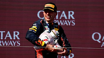 HUNGARORING, HUNGARY - JULY 23: Max Verstappen, Red Bull Racing, 1st position, leaves the podium